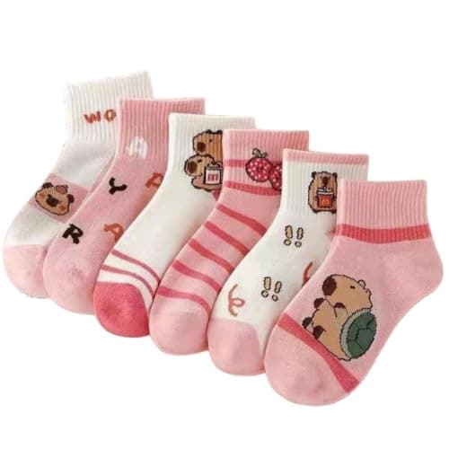 (M) Kids Capybara Ankle Socks, Pink, 3 Pairs | Cartoon Print, Girls, Ankle Length, Pink & White, Multipack
