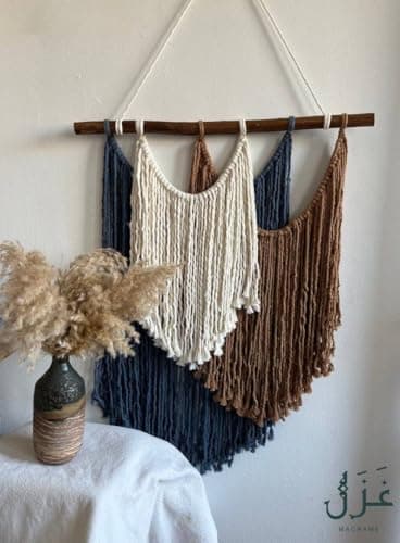 Macrame Wall Hanging, Natural Cotton, 60 x 70 cm, Navy Blue Brown White, Handmade Wall art