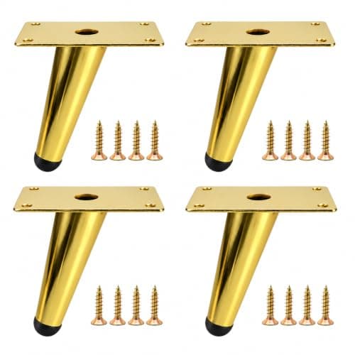 Gold Sofa Legs 10 cm, Set of 4 Angled Tapered Metal Furniture Legs with Square Mounting Plate and Rubber Tip for Sofa, Cabinet, Desk, Chair and Table