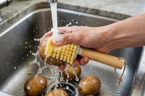 Generic Rust-resistant stainless steel vegetable cleaning brush and peeler,Cleans vegetables easy,Rust-resistant stainless steel material with a natural wood handle,Suitable for vegetables,fruits, .ar