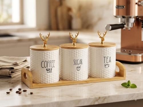 Generic Ceramic spice set, Coffee, sugar, and tea storage set, Premium material: High-quality ceramic with an elegant embossed pattern, Airtight seal: Wooden lids, .go Food storage container