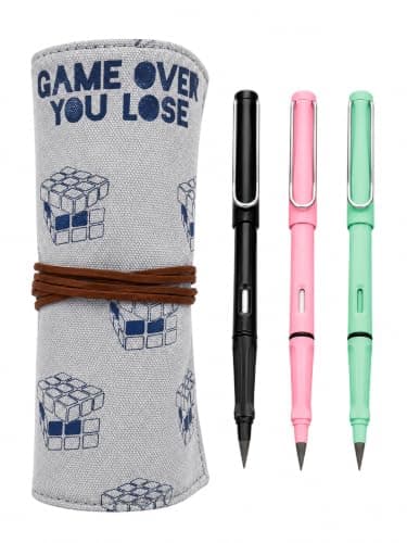 Wrap Pencil Case +3 Forever Pencils, Roll-Up Pencil Pouch, Reusable Canvas Pen Organizer with Elastic Band, Magic Inkless Pencils for School, Office, Drawing & Gift - Grey Carrier bag case