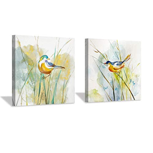 Hardy Gallery Abstract Birds Picture Wall Art: Colorful Animal Birds & Grass Painting Canvas Print Artwork for Wall (12" x 12" x 2 Panels)