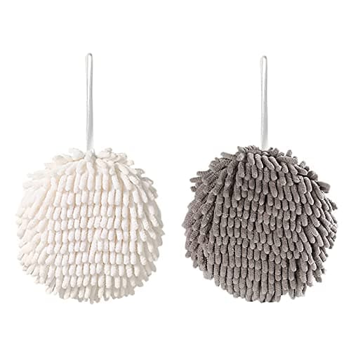 Midremer 2 Pack Chenille Hanging Hand Towel Ball Soft Absorbent Microfiber Hand Towels Plush Quick-Drying Hanging Hand Towel Ball with Hanging Loops for Bathroom Kitchen, White and Gray