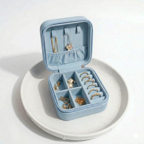 Generic Small Travel Jewellery Box Organiser, Leather, Elegant Style, for Rings, Earrings, Necklaces, Bracelets, Gift for Girls and Women (BLUE)