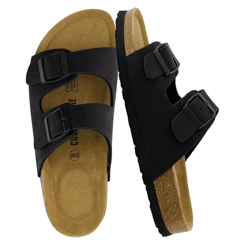 CUSHIONAIRE Lane Cork Footbed Womens Sandals Comfortable Double Buckle Slip On Sandals for Women with Arch Support and Classic Two Strap Design