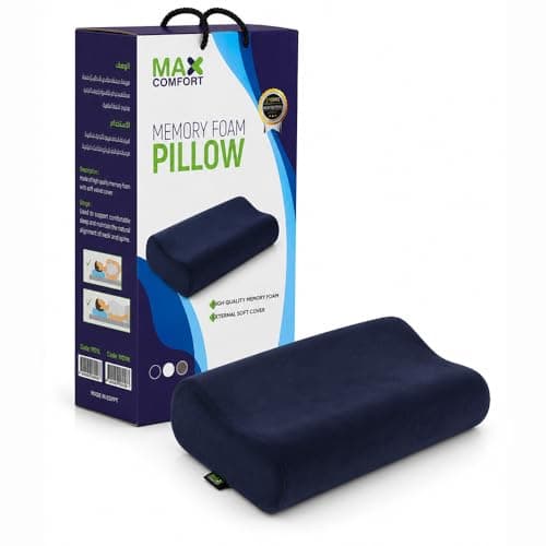 Max Comfort American Memory Foam Pillow – Neck and Head Support Pillow with Comfortable Contour Design with Removable Washable Velvet Cover, 60 x 35 x 13 cm, Navy Blue Body positioner