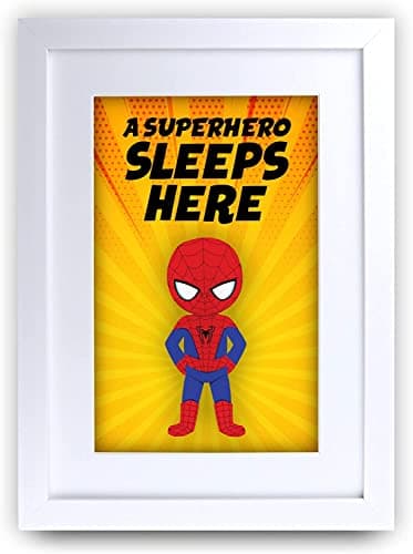 HWC Trading FR Spiderman - A Superhero Sleeps Here Character Children's Room Print A4 Framed Kids Gifts Kids Bedroom Poster Friends Party Gift Photo Picture Frame Display