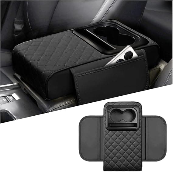 USHOP Car Armrest Cushion, Thickened Pad with Cup and Tissue Compartments, Waterproof Storage Bag for Car Armrest Protector, Perfect for Car Console and Driver Comfort (Black)