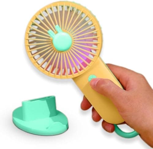 Hand Fan, Mini Portable Desktop and Handheld Fan with Phone Stand, LED Light and 2 Speed Settings for Home, Office, Travel and Outdoor Use, SQ-2200 (Yellow)