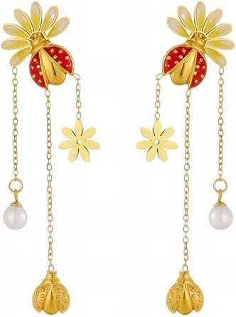 Stainless Steel Ladybug Earrings with Elegant Pearl Detail Jewelry