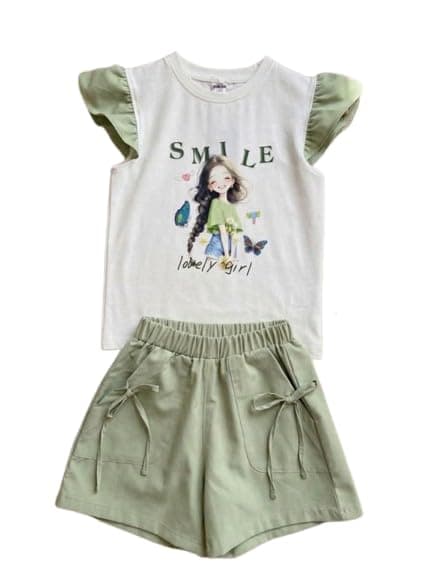 Girls Smile Lovely Girl Graphic Top and Shorts Set, SG26-213 SG26-213 | Flutter Sleeve Top, Bow Detail Shorts, 2-Piece Set, Elastic Waistband, Kids Casual Wear Coordinated outfit