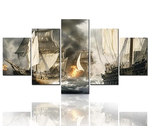 TUMOVO House Decorations Living Room First World War Ship Painting Sailing Boat Pictures 5 Piece Printed on Canvas Seascape Wall Art WWI Ship Artwork Gallery-Wrapped Framed Ready to Hang(60''Wx32''H)