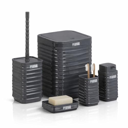 Okayanus 5-Piece Acrylic Bathroom Accessories Set - Ribbed Square, Glossy Finish, 5 Liters Trash Can with Click Lid, Soap Dispenser, Toothbrush Holder, Toilet Brush, Soap Dish (Grey)