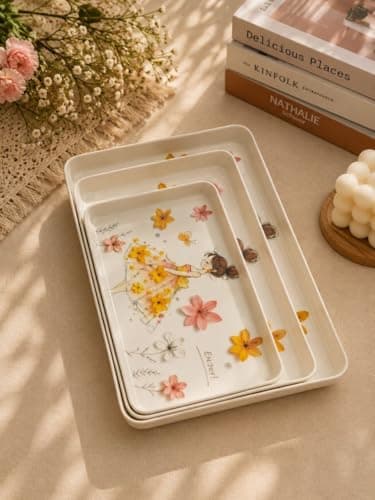 Generic Melamine Serving Tray Set, Floral Girl Design, White, Set of 3, for Drinks, Desserts and Snacks, .Ais