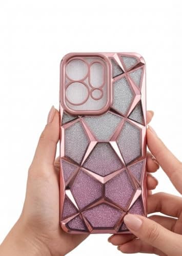 Case Gradient Glitter Luxury (Compatible with Reno 14F) Electroplated 3D Cube, Diamond Bling Shiny Soft TPU Clear Shockproof Women Girls Protective Phone Cover (Pink) Cellular phone case