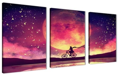 Skills Wall Art - Girl Riding on a Bridge Reflecting Moonlight in Enchanted Night Sky - Wall Art for Living Room, Bedroom, Office Decorations and More - Size (30cm x 40cm x 3pcs)