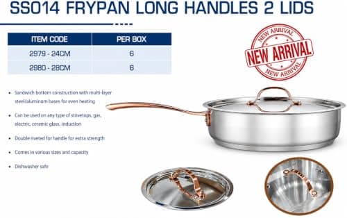 ARSHIA 2980 28cm Stainless Steel Frying Pan with Dual Rose Gold Lids, Premium Mirror Finish, Durable Construction, Even Heat Distribution and Ergonomic Handle Saute fry pan
