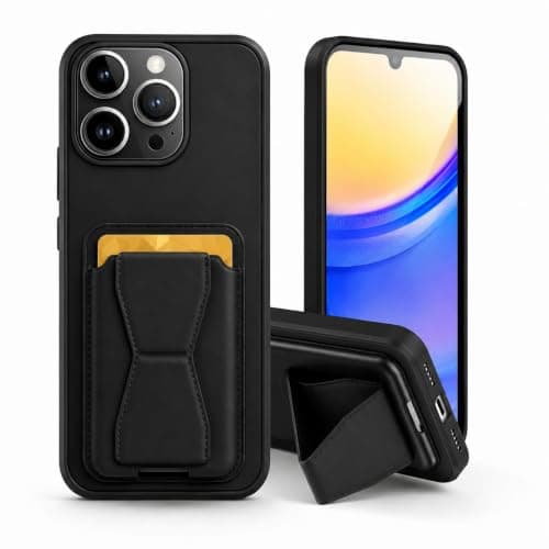 3M Store Leather Case Compatible for iPhone 16 pro max Shockproof Leather Back Card Storage & case built-in Stand PU leather for a stylish look, comfortable grip (Black) Cellular phone case
