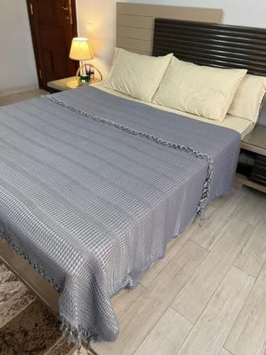 Generic Thick Soft Waffle Weave Bedspread with Tassels, Gray, 240x260 cm, King Size Bed Cover, .Ims Blanket