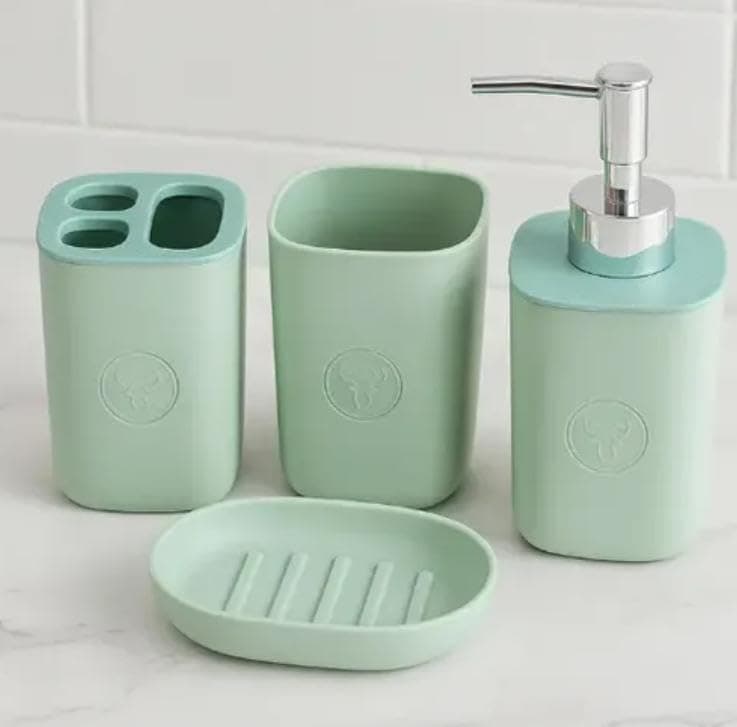 Generic 4-Piece Bathroom Accessories Set, Mint Green, Acrylic, Includes Soap Dispenser, Toothbrush Holder, Tumbler and Soap Dish, .em