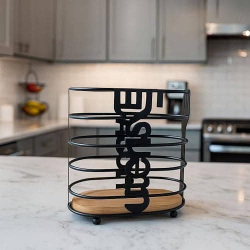 Generic Black Galvanised Metal Cutlery Organiser, Oval Shape with Wooden Base, Fork Spoon and Knife Holder, .db Item container