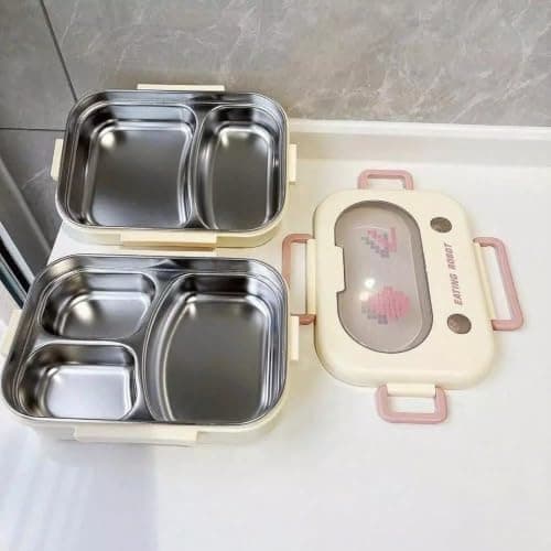 Generic Stainless Steel Lunch Box,3-compartment design for food variety,Acrylic lid,Plastic container with an internal, divided stainless steel tray, .db