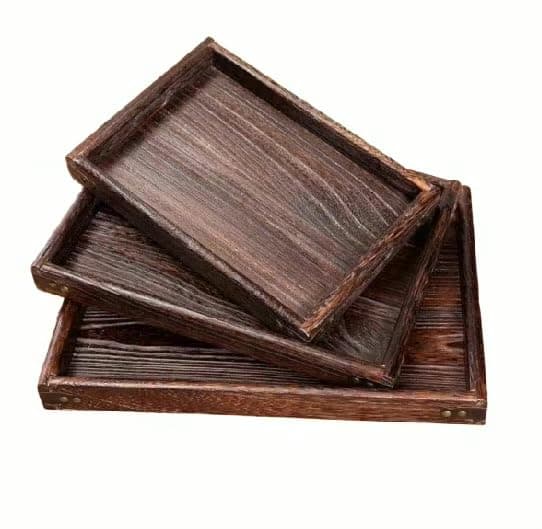 Wooden Serving Trays Set of 3, MDF Wood Material, Rectangular Nesting Trays for Coffee, Tea, Food Serving and Display, Fits for Family and Friends Gatherings. (Dark Brown)