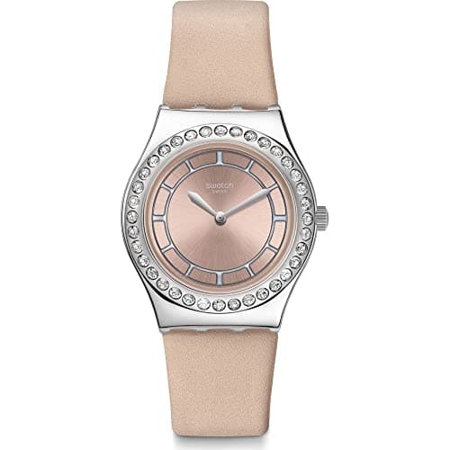 Swatch YLS212 Leather Band Stone Embellished Bezel Pink Dial Round analog Watch for Women - Beige