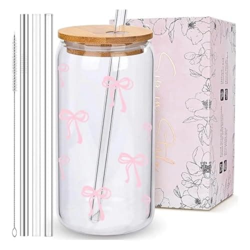 Generic Glass Bow Tumbler Cup with Bamboo Lid, 550ml, Pink Bow Design, Includes Glass Straws and Cleaning Brush, .sg Drinking cup