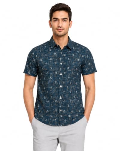 Branches & Dots Short Sleeves Shirt - Navy Blue, Coffee | Shirt
