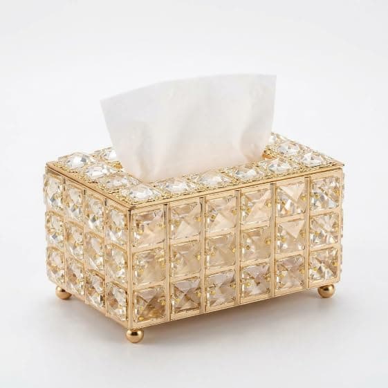 Luxury Gold Crystal Tissue Box, Decorative Tissue Box Made of Plated Metal and Crystal, Elegant Design for Office, Living Room, Bathroom,
