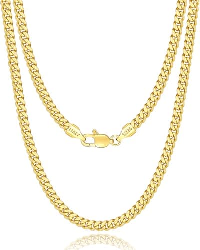 Eterjew Italian 4mm Solid 18k Gold Over 925 Sterling Silver Chain Necklace for Men Women, Diamond Cut Cuban Link Chain for Men, Sturdy & Shiny & Not Easy to Fade & Comfortable 16 18 20 22 24 26 Inch