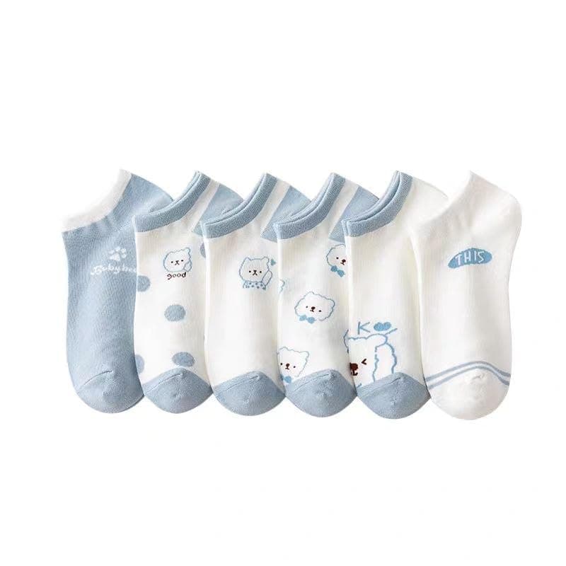 Women's Ankle Socks, Blue & White Cartoon Bear Print, 3 Pairs | Low Cut Style, Soft Cotton Blend, Casual Daily Wear, Assorted Patterns, One Size