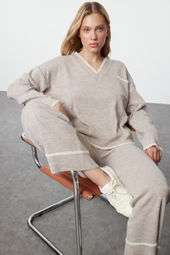 Trendyol Mink Wide Fit Feather Yarn Knitwear Bottom-Top Set Twoaw24Au00099,Mink M Pajamas