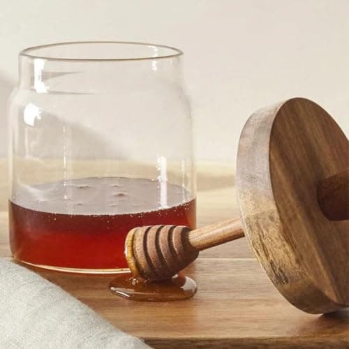 Generic Glass Honey Jar with Wooden Lid and Honey Dipper, Clear Striped Jar, .db Food storage container