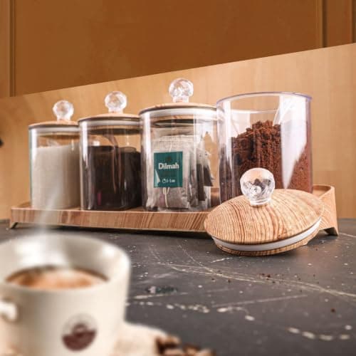 Generic Glass Storage Canister Set with Wooden Lids and Tray, Airtight Silicone Seal, 300ml, 4 Pieces, .bs Food storage container