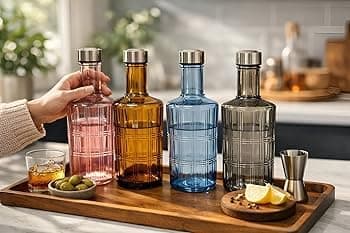 Glass Water Bottles Mixed Colors Pink Amber Blue Grey with Metal Cap Set of 4