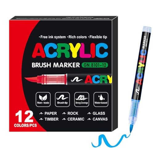 KsopiaVobs Paint Pens, Soft Brush Tip Acrylic Paint Markers, 12 Color Acrylic Markers Ideal for Canvas, Rock Painting, Wood, Stone, Glass, Ceramic, Fabric Painting, DIY Crafts Marking pen
