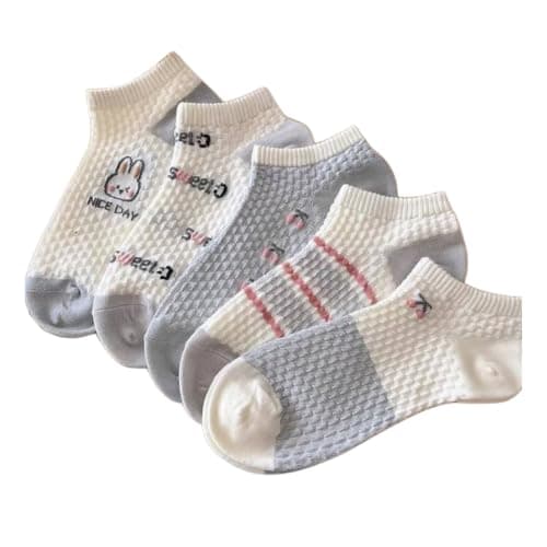 Women's Ankle Socks, 3 Pairs, White with Cute Rabbit Print | Mesh Breathable Fabric, Low Cut Style, Girls Children, Striped & Cartoon Design, Soft Cotton Blend