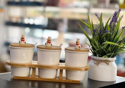 Generic Spice Jar Set of 3, Chef Figurine Lids, with Bamboo Stand and Porcelain Spoons, for Spices, Tea, and Sugar, .a2