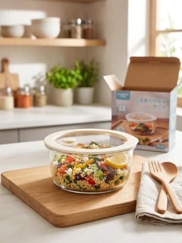 Generic Round Glass Food Storage Container, 940 ml capacity, made of high-quality borosilicate glass, airtight lid with air-release valve keeps food fresh longer, safe BPA-free material, modern clear.