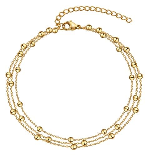 Julia Store 18K Gold Plated Stainless Steel Dainty Boho Beach Adjustable Beaded Satellite Link Waterproof No Tarnish Hypoallergenic Anklets for Women Jewelry Gift