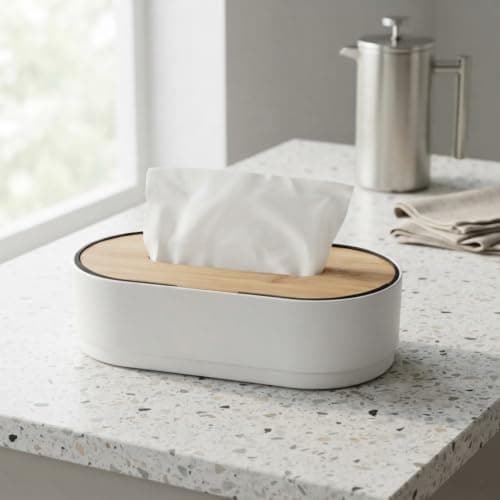 Modern Oval Plastic Tissue Box with Wooden Lid for Home Office and Cafe Decorative Paper Organizer and Napkin Holder for Bathroom and Tables White