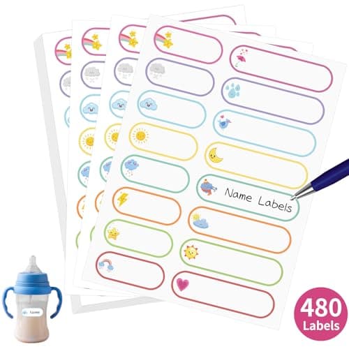480 Pcs Waterproof Labels for Kids Stuff Daycare Name Bottle Essentials | Weather Self-Adhesive Baby Water Bottle Stickers for School Supply, Self-Laminating Write-on, Reusable Washable