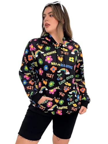 Miza Women's Casual Sports Hoodie, Cotton And Polyester, Colorful Print With Rainbow Flowers Sweatshirt