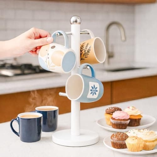 Generic White Mug Tree Stand with Stainless Steel Arms, Holds 6 Mugs, 15 x 34 cm, for Coffee Cups and Teacups, .db Storage hook