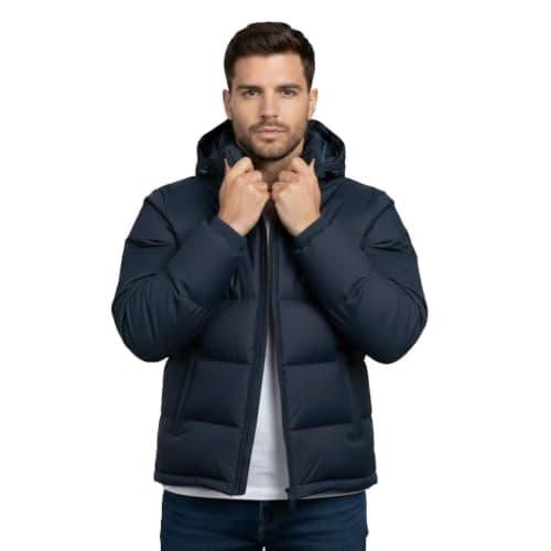 Men's Navy Blue Hooded Puffer Jacket, Quilted Winter Coat, Zip-Up, Warm Insulated Outerwear