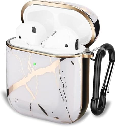 Elmo3ezz Compatible with Airpods 2 Cute Marble Shiny Chrome Airpods Case with Keychain Shockproof Full Protection Cover for Apple Airpods 2/Airpods (White And Gold) Portable electronic device cover