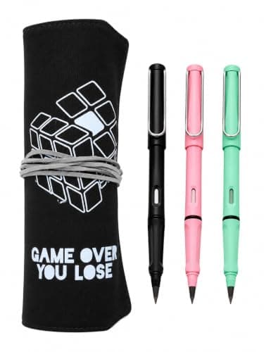 Wrap Pencil Case +3 Forever Pencils, Roll-Up Pencil Pouch, Reusable Canvas Pen Organizer with Elastic Band, Magic Inkless Pencils for School, Office, Drawing & Gift - Black Carrier bag case